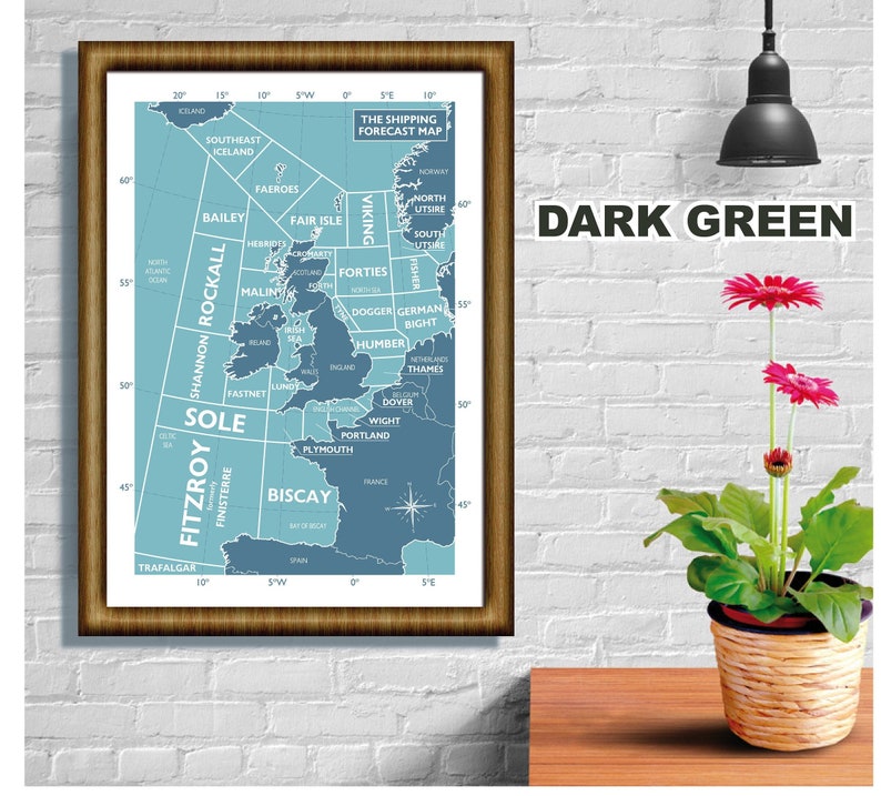 Shipping Forecast Regions, Map, Print, Souvenir, Gift, Poster, Choice of colours, A4, A3, A2 sizes dark green