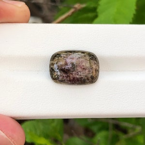 以下が含まれることがあります： 長方形で滑らかで磨かれた表面を持つ、濃い緑色と茶色の宝石