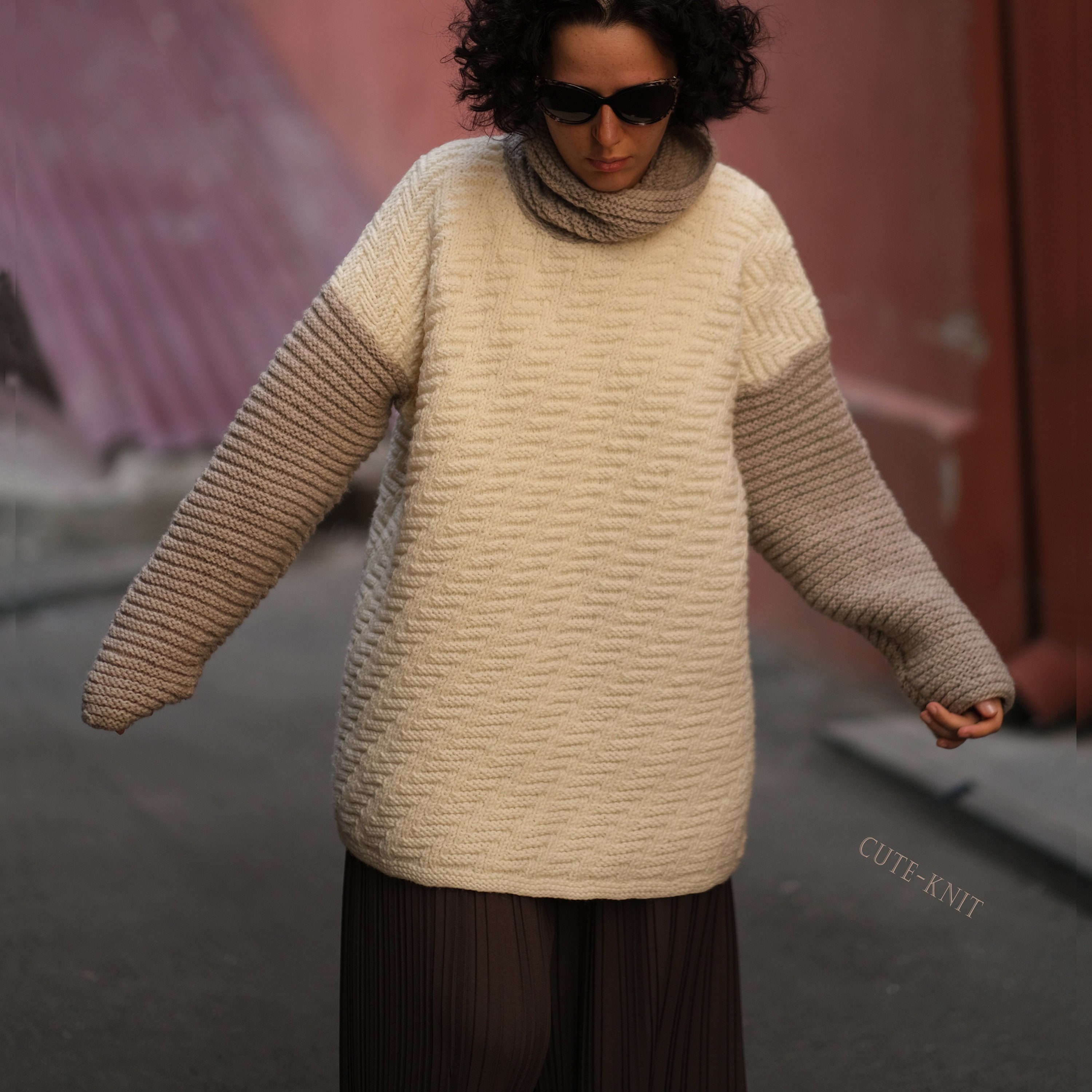 CuteKnitStudio Oversized Sweater / Cozy Sweater / Cream Sweater for Women / Sweater with Herringbone Pattern / Cream Knit Pullover / Knit Chunky Sweter