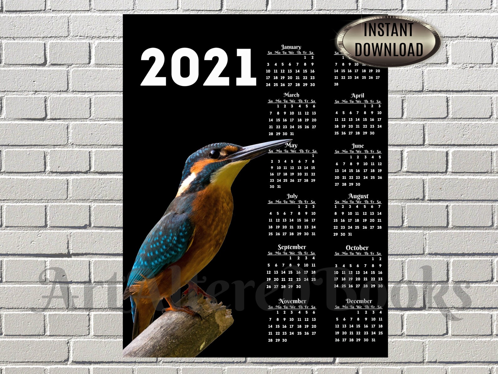 2021 Kingfisher Calendar Printable Wall Calendar One Page Etsy