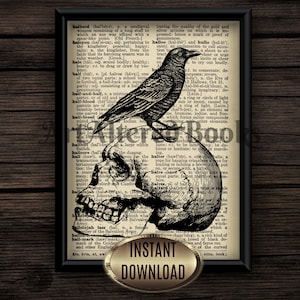 Stampa artistica del dizionario del teschio del corvo di Halloween (download immediato)
