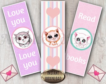May include: Three printable bookmarks featuring cute cartoon cats with pink, white, and blue accents. The bookmarks have the text "Love you", "Read books", and "Love you" on them.
