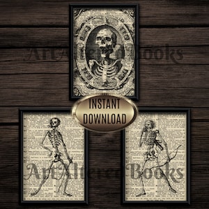 Set of 3 Halloween Skeleton Prints| Halloween Printable Wall Art| Horror Art Prints| Gothic Prints| Dictionary Art| Instant Download