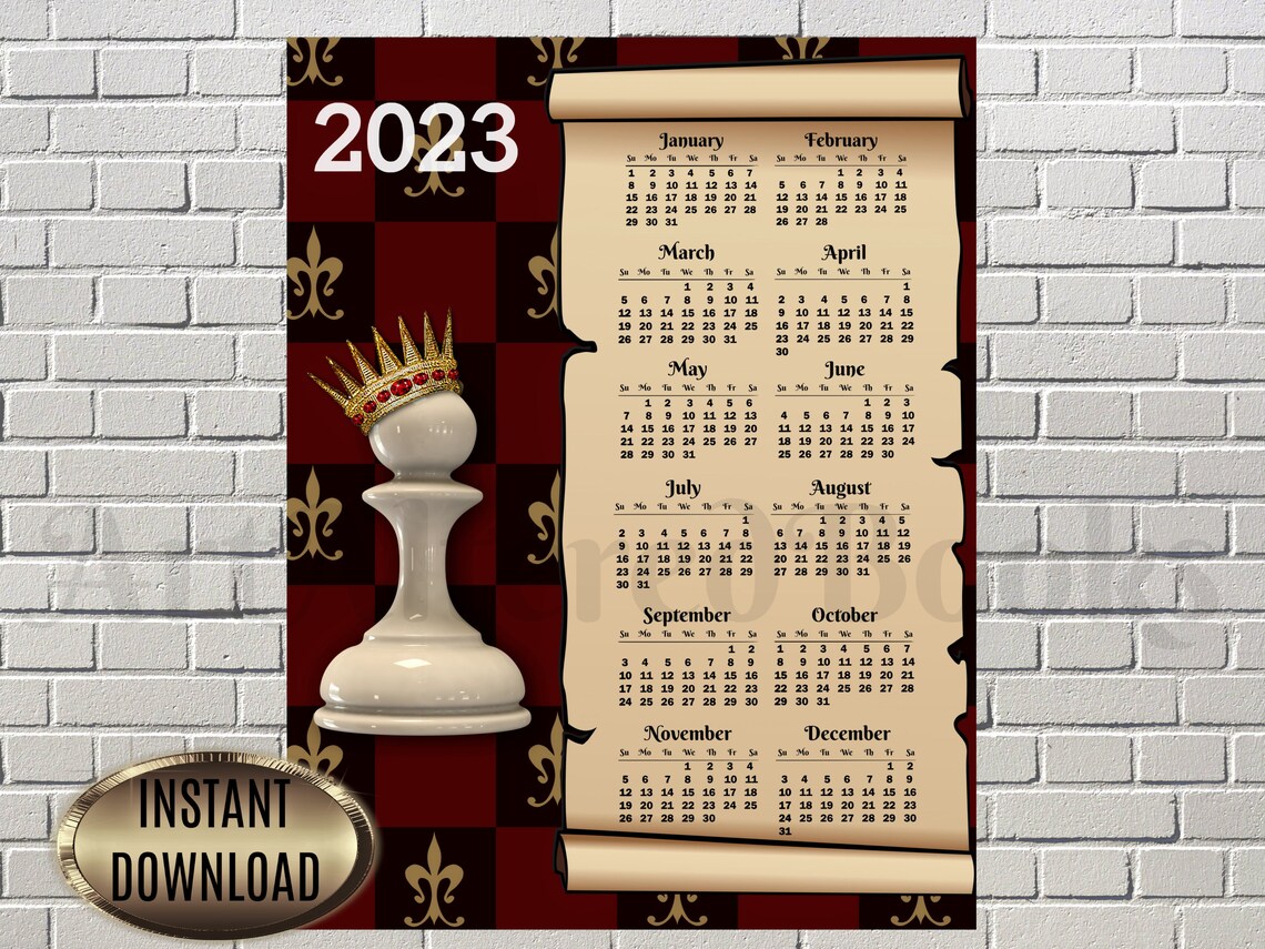 2023 White Chess Calendar Printable Wall Calendar One Page Etsy Australia