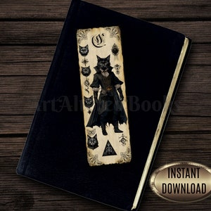 May include: A black and white bookmark featuring a black cat dressed in a Victorian-style outfit. The cat has a human-like face and is surrounded by other cat faces and symbols. The bookmark is made of paper and has a distressed, vintage look.