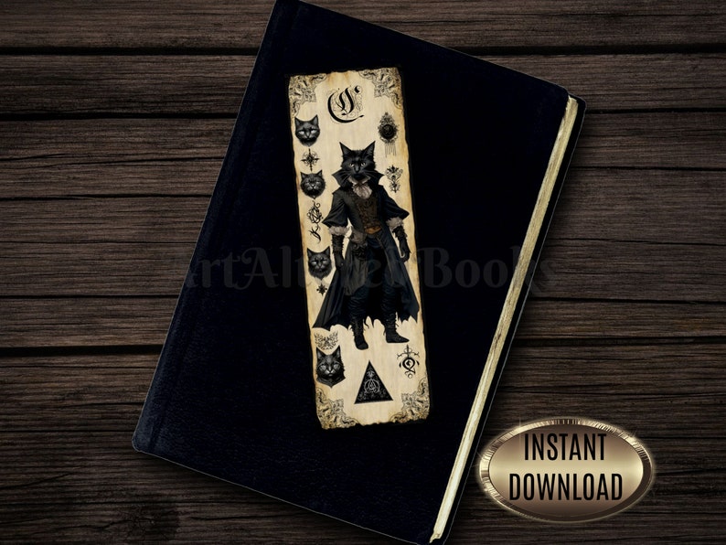 May include: A black and white bookmark featuring a black cat dressed in a Victorian-style outfit. The cat has a human-like face and is surrounded by other cat faces and symbols. The bookmark is made of paper and has a distressed, vintage look.