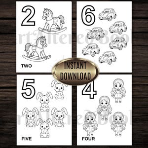 Op de afbeelding: Zwart-wit illustraties van de nummers 2, 4, 5 en 6 met bijbehorende afbeeldingen. De afbeelding bevat schommelpaarden, auto's, konijntjes en poppen. De woorden "TWO", "FIVE" en "FOUR" staan onder de afbeeldingen. De woorden "INSTANT DOWNLOAD" staan op een gouden ovaal.