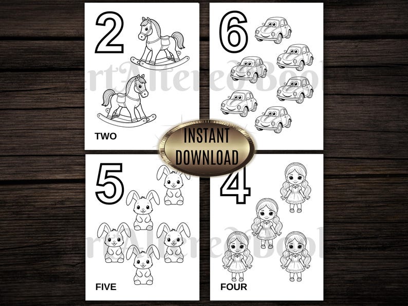 Op de afbeelding: Zwart-wit illustraties van de nummers 2, 4, 5 en 6 met bijbehorende afbeeldingen. De afbeelding bevat schommelpaarden, auto's, konijntjes en poppen. De woorden "TWO", "FIVE" en "FOUR" staan onder de afbeeldingen. De woorden "INSTANT DOWNLOAD" staan op een gouden ovaal.
