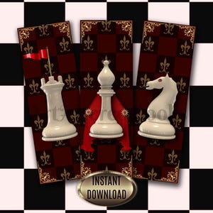 Set of 3 Printable Bookmarks with White Chess Pieces| Chess Bishop Bookmark| Chess Rook Bookmark| Chess Knight Bookmark| Chess Player Gift