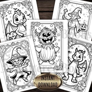 May include: A collection of five black and white coloring pages featuring Halloween-themed illustrations. The images include a friendly dragon, a witch, a monster, and other spooky characters. The words "INSTANT DOWNLOAD" are on a gold oval.