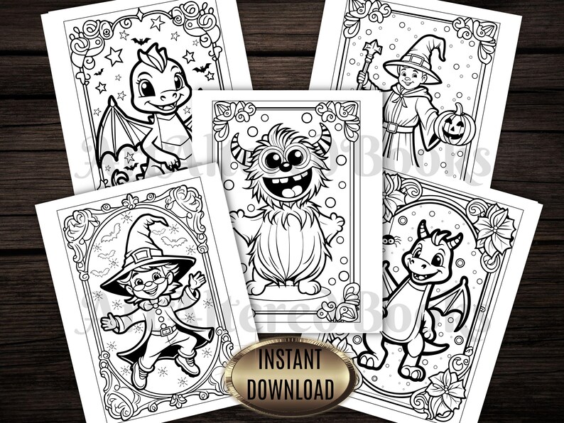 May include: A collection of five black and white coloring pages featuring Halloween-themed illustrations. The images include a friendly dragon, a witch, a monster, and other spooky characters. The words "INSTANT DOWNLOAD" are on a gold oval.