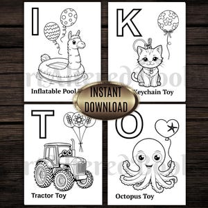 Op de afbeelding: Zwart-wit illustraties van speelgoed, waaronder een opblaasbaar zwembad met een lama, een sleutelhangerkat, een tractorspeelgoed en een octopus-speelgoed. Elke afbeelding heeft een bijbehorende letter van het alfabet. De woorden "Direct downloaden" zijn ook aanwezig.