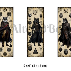May include: Three vintage-style illustrations of figures wearing cloaks and animal masks. The figures are surrounded by symbols and animal heads. The figures are an owl, a cat, and a wolf. The illustrations are 2 inches by 6 inches.
