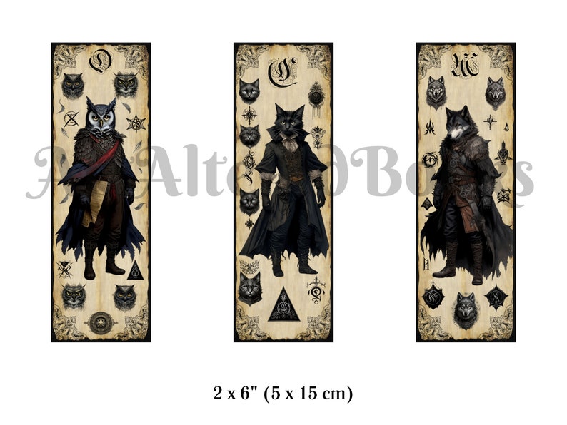 May include: Three vintage-style illustrations of figures wearing cloaks and animal masks. The figures are surrounded by symbols and animal heads. The figures are an owl, a cat, and a wolf. The illustrations are 2 inches by 6 inches.