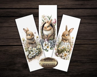 Printable Easter Bookmark Set with Rabbits| Digital Bookmarks Bunny| Easter Watercolor Bookmarks| Book Lover Gift| Instant Download