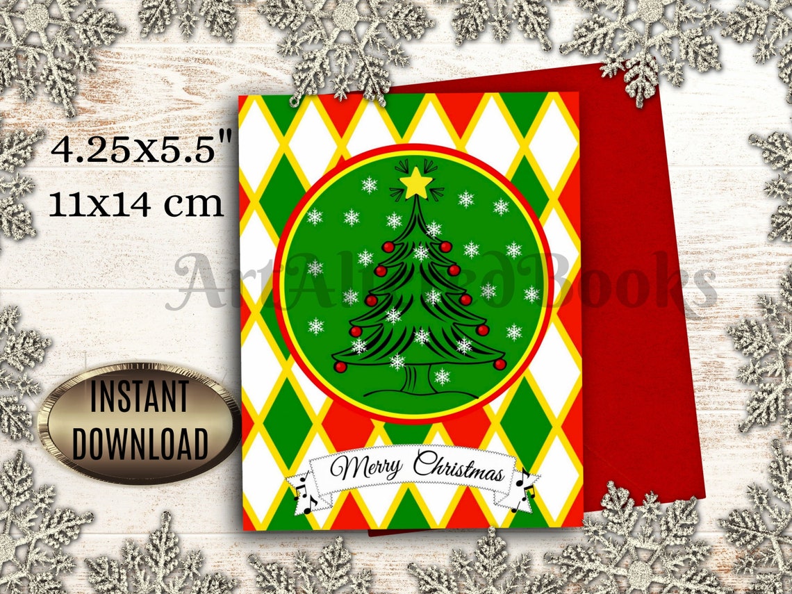 Christmas Tree Card Printable Merry Christmas Digital Card Etsy