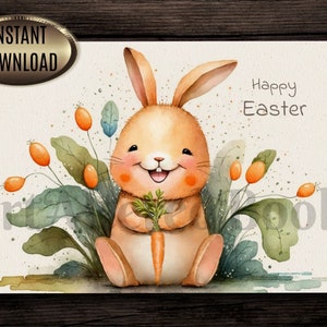 Carte de Joyeuses Pâques imprimable avec lapin et carotte | Carte numérique de Pâques| Carte Panier de Pâques| Carte de 5 x 7 po.| Carte A6| Téléchargement instantané