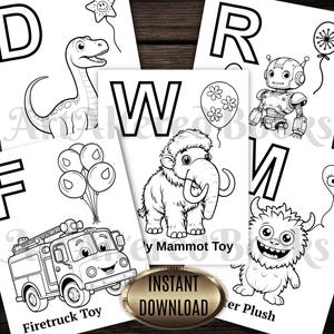 Op de afbeelding: Zwart-wit illustraties van de letters D, F, R, W en M, elk met een bijbehorende cartoonafbeelding. De afbeeldingen omvatten een dinosaurus, een brandweerwagen, een robot, een mammoet en een monster. De woorden "Firetruck Toy", "y Mammot Toy" en "ter Plush" zijn ook zichtbaar.