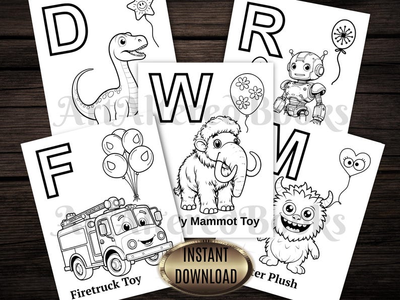 Op de afbeelding: Zwart-wit illustraties van de letters D, F, R, W en M, elk met een bijbehorende cartoonafbeelding. De afbeeldingen omvatten een dinosaurus, een brandweerwagen, een robot, een mammoet en een monster. De woorden "Firetruck Toy", "y Mammot Toy" en "ter Plush" zijn ook zichtbaar.