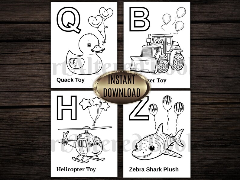 Op de afbeelding: Zwart-wit illustraties van speelgoed, waaronder een eend, een bulldozer, een helikopter en een zebrahaai, elk met een letter van het alfabet. De teksten eronder luiden "Quack Toy", "Dozer Toy", "Helicopter Toy" en "Zebra Shark Plush".