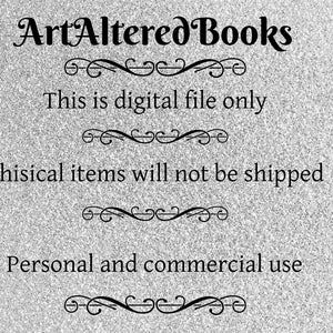 May include: Text on a glittery background that reads "ArtAltered Books", "This is digital file only", "Phisical items will not be shipped", and "Personal and commercial use".