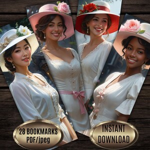 Victorian Lady Bookmarks: Vintage Women in Hats (PDF, Set of 28) image 2