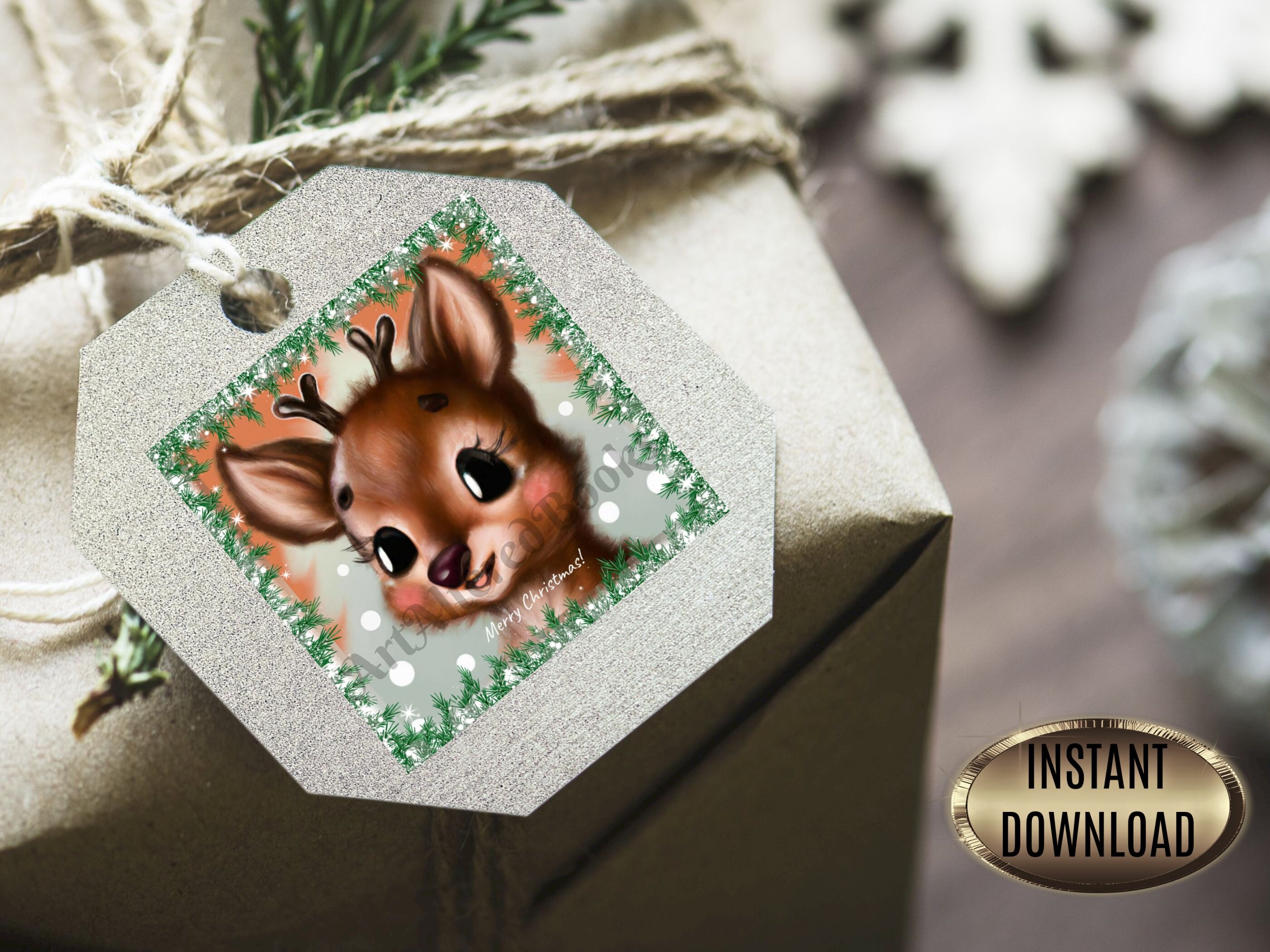 Printable Merry Christmas Baby Deer Card and Stickers Sweet Fawn Card ...