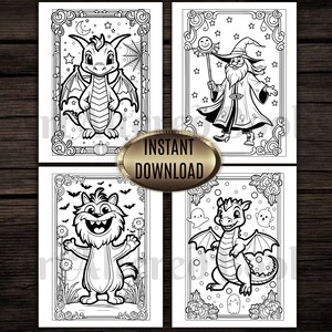 May include: Four black and white coloring pages featuring fantasy creatures. The images include a dragon, a wizard, a smiling creature, and another dragon with ghosts. The text "INSTANT DOWNLOAD" is in the center.