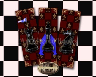 Set di 3 segnalibri stampabili con pezzi degli scacchi neri: torre, alfiere e cavallo. Regalo ideale per appassionati di scacchi.