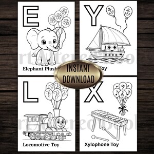 Op de afbeelding: Zwart-wit illustraties van alfabetletters met bijbehorend speelgoed. Bevat een olifant met ballonnen, een zeilboot, een trein en een xylofoon. De woorden "Direct downloaden" staan in het midden.