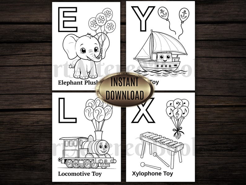 Op de afbeelding: Zwart-wit illustraties van alfabetletters met bijbehorend speelgoed. Bevat een olifant met ballonnen, een zeilboot, een trein en een xylofoon. De woorden "Direct downloaden" staan in het midden.
