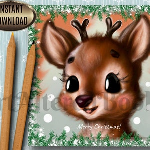 Printable Merry Christmas Baby Deer Card and Stickers Sweet Fawn Card ...