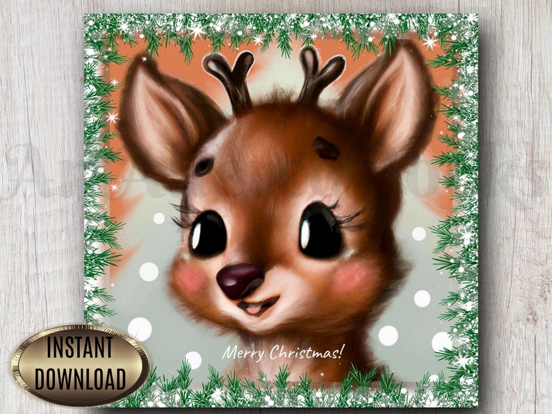 Printable Merry Christmas Baby Deer Card and Stickers Sweet Fawn Card ...