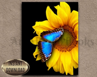 Sunflower and Butterfly Art Print | Ukraine Flag Colors (Instant Download)