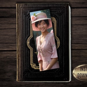 May include: A digital download image featuring a woman in a pink dress and hat, set against a backdrop of a vintage book. The book has a black cover with gold accents. The image includes the text "INSTANT DOWNLOAD" in a gold oval.