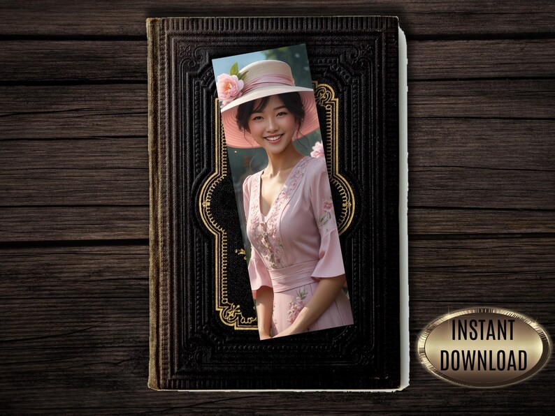 May include: A digital download image featuring a woman in a pink dress and hat, set against a backdrop of a vintage book. The book has a black cover with gold accents. The image includes the text "INSTANT DOWNLOAD" in a gold oval.