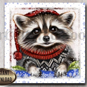 Ensemble de Noël à imprimer avec un raton laveur | Cartes d'identité numériques hiver raton laveur| Autocollants mignons de raton laveur des vacances | Téléchargement instantané