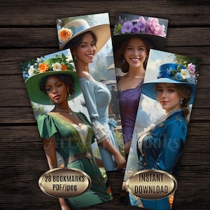 May include: Set of four bookmarks featuring illustrations of women in vintage dresses and hats adorned with flowers. The bookmarks have a wooden background. One bookmark has the text "28 BOOKMARKS PDF/jpeg" and another has "INSTANT DOWNLOAD".