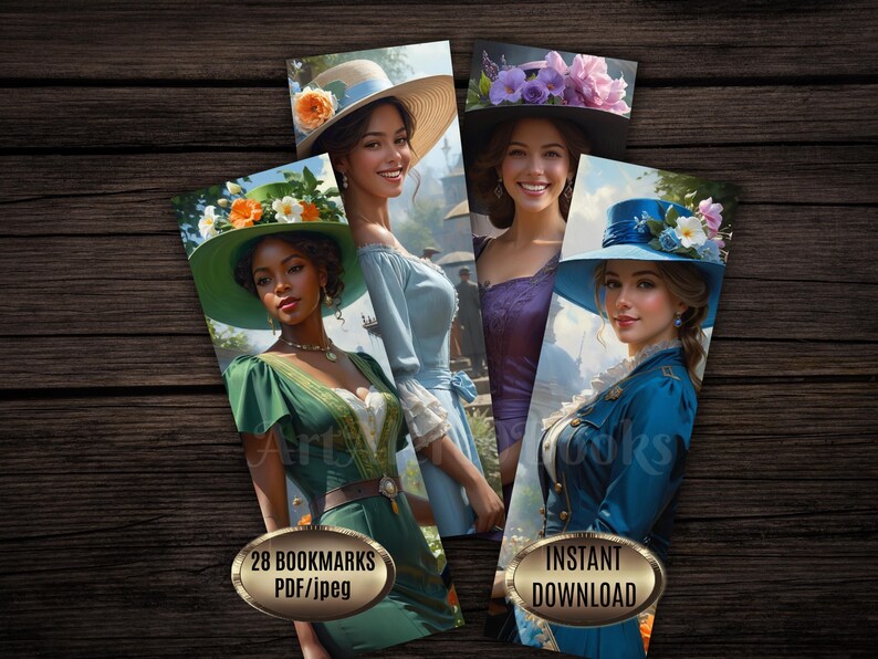 May include: Set of four bookmarks featuring illustrations of women in vintage dresses and hats adorned with flowers. The bookmarks have a wooden background. One bookmark has the text "28 BOOKMARKS PDF/jpeg" and another has "INSTANT DOWNLOAD".