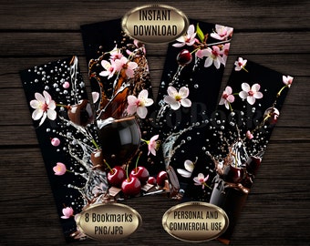 Printable Bookmarks with Cherry Blossom, Cherry and Chocolate for Book Lover: Print and Cut Bookmark Set of 8 Bookmarks for Commercial Use