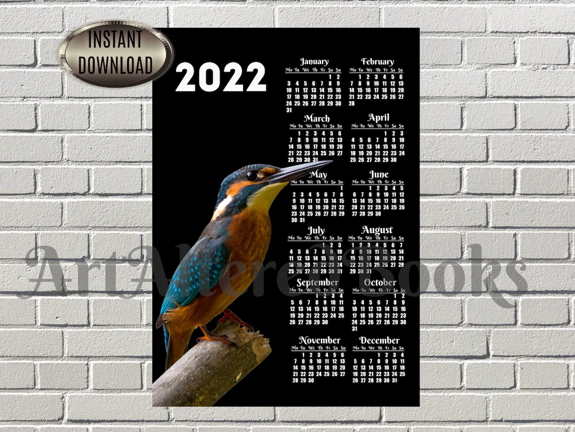 2022 Kingfisher Calendar Printable Wall Calendar One Page Etsy