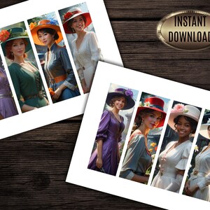May include: Digital art print featuring four women in vintage dresses and hats. The hats are in various colors, including purple, red, and orange, and adorned with flowers and ribbons. The print includes the text "INSTANT DOWNLOAD".
