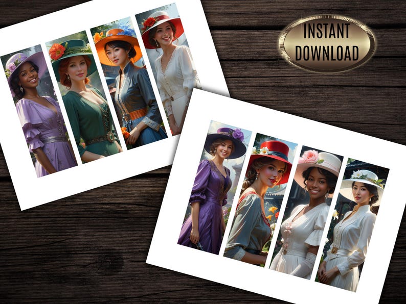 May include: Digital art print featuring four women in vintage dresses and hats. The hats are in various colors, including purple, red, and orange, and adorned with flowers and ribbons. The print includes the text "INSTANT DOWNLOAD".