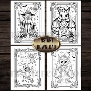 May include: Black and white Halloween-themed coloring pages. The images include a witch, a dragon, a gnome, and an owl, each within decorative frames. The text "INSTANT DOWNLOAD" is displayed on a gold oval.