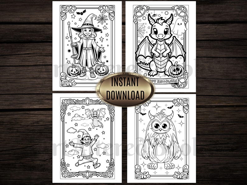 May include: Black and white Halloween-themed coloring pages. The images include a witch, a dragon, a gnome, and an owl, each within decorative frames. The text "INSTANT DOWNLOAD" is displayed on a gold oval.