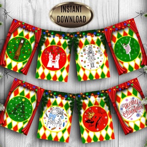 Pode incluir: Uma faixa de Natal imprimível nas cores vermelho, verde e branco. A faixa apresenta imagens de um relógio, um castelo, um quebra-nozes, uma bailarina, uma árvore de Natal, uma menina com uma coroa, um pássaro e as palavras "Feliz Natal".