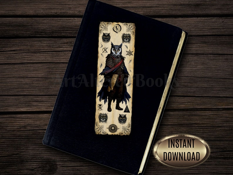 May include: A printable bookmark featuring an owl wearing a cloak and holding a scroll. The owl is surrounded by various symbols and the text "Instant Download" is visible in the lower right corner.