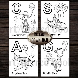Op de afbeelding: Zwart-wit illustraties van een cowboy speelgoed, onderzee&euml;r speelgoed, vliegtuig speelgoed en giraf knuffel. Elke afbeelding is gekoppeld aan een letter van het alfabet en ballonnen. De woorden "Instant Download" staan in het midden.