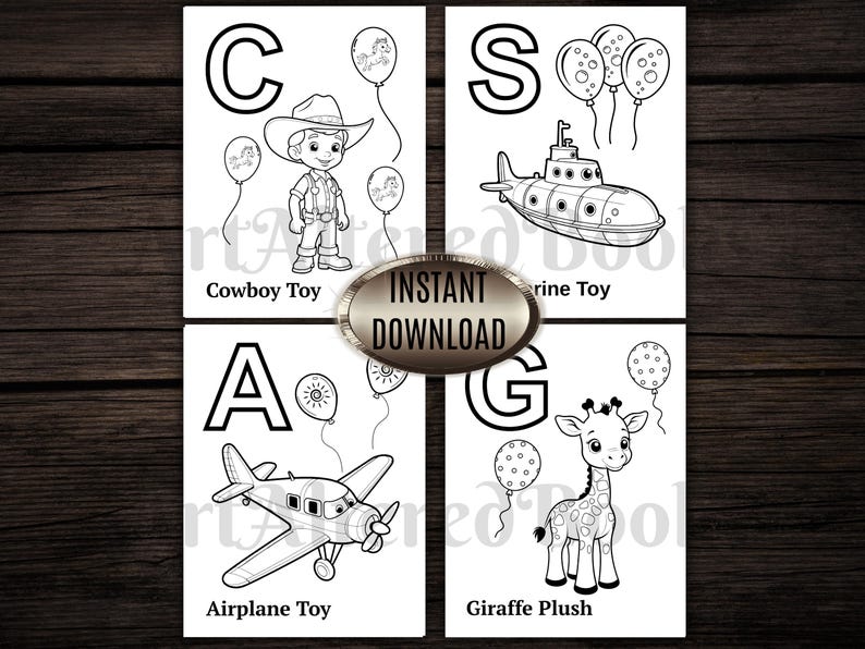 Op de afbeelding: Zwart-wit illustraties van een cowboy speelgoed, onderzee&euml;r speelgoed, vliegtuig speelgoed en giraf knuffel. Elke afbeelding is gekoppeld aan een letter van het alfabet en ballonnen. De woorden "Instant Download" staan in het midden.