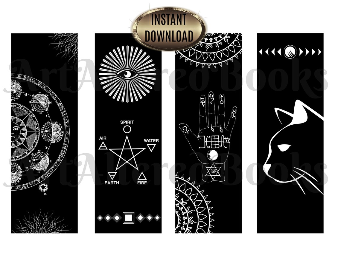 Set of 4 Mystical Printable Bookmarks Witchy Bookmarks Spells Book Instant Download Halloween ...